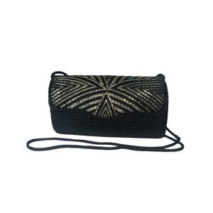 Vtge Carla Marchi Black Gold Beaded Evening Shoulder Bag Clutch Art Deco Style